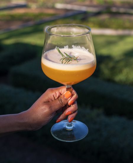 a hand holding a glass of orange liquid