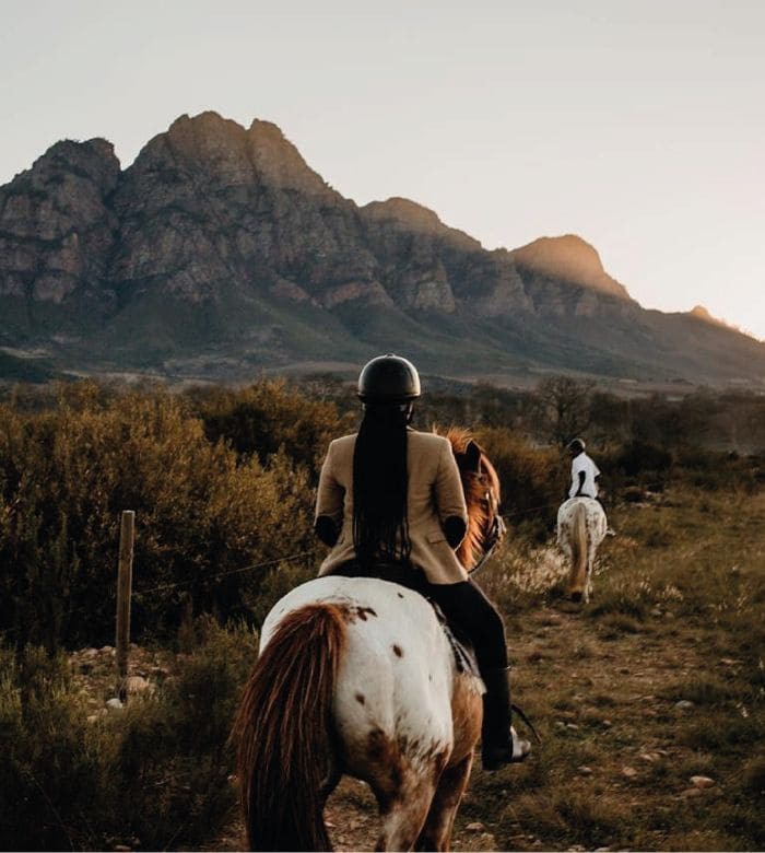 people riding horses in the mountains