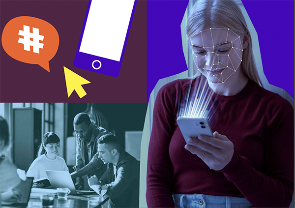 A collage image of Fundraising and AI images including a girl getting her face scanned by her phone, and cartoon images of mobile phones